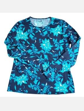 Lands End Blue Floral Rashguard Swim Shirt M 10-12